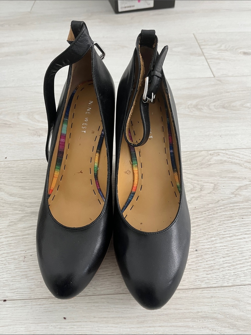 Nine West Black Leather Ankle-Strap Round-Toe Pumps